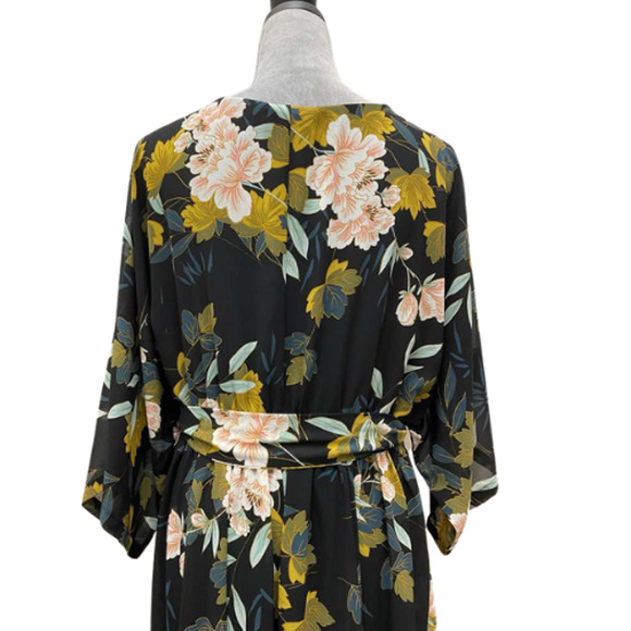 Baltic Born XXXL Black Floral Kimono Wrap Maxi Dress Belted V-Neck Polyester - Picture 3 of 12